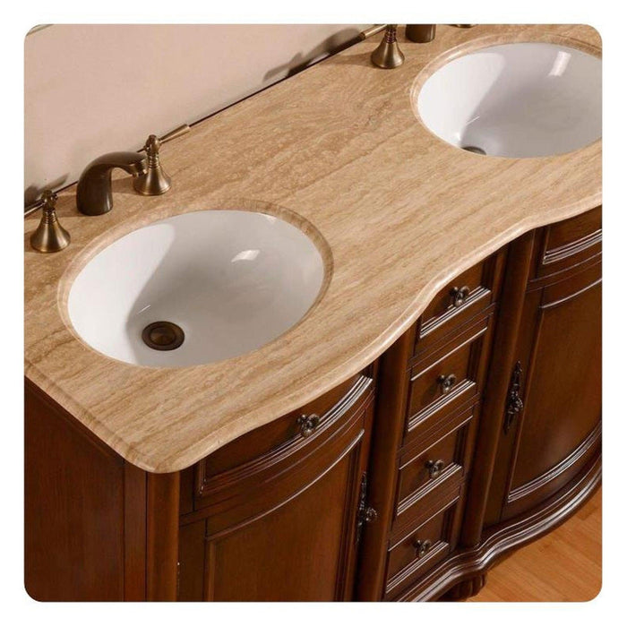 Silkroad Exclusive 52" Double Sink English Chestnut Bathroom Vanity With Travertine Countertop and White Ceramic Undermount Sink