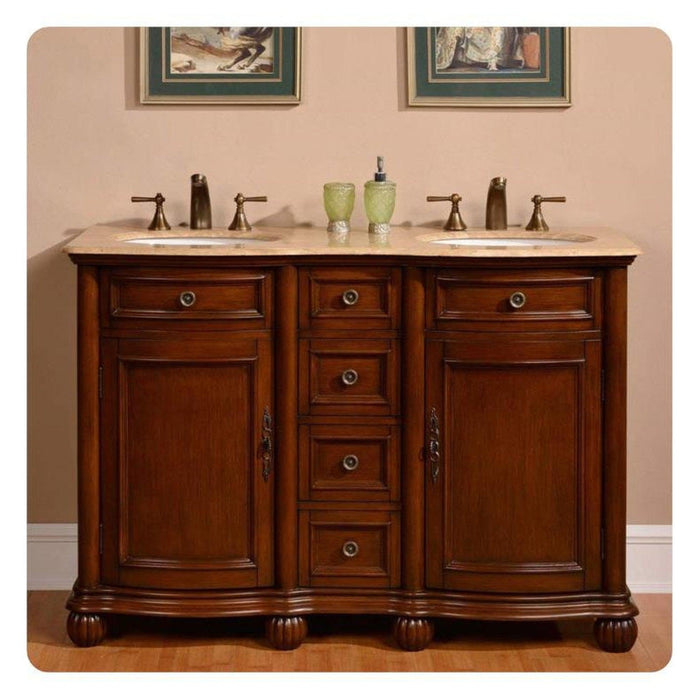 Silkroad Exclusive 52" Double Sink English Chestnut Bathroom Vanity With Travertine Countertop and White Ceramic Undermount Sink