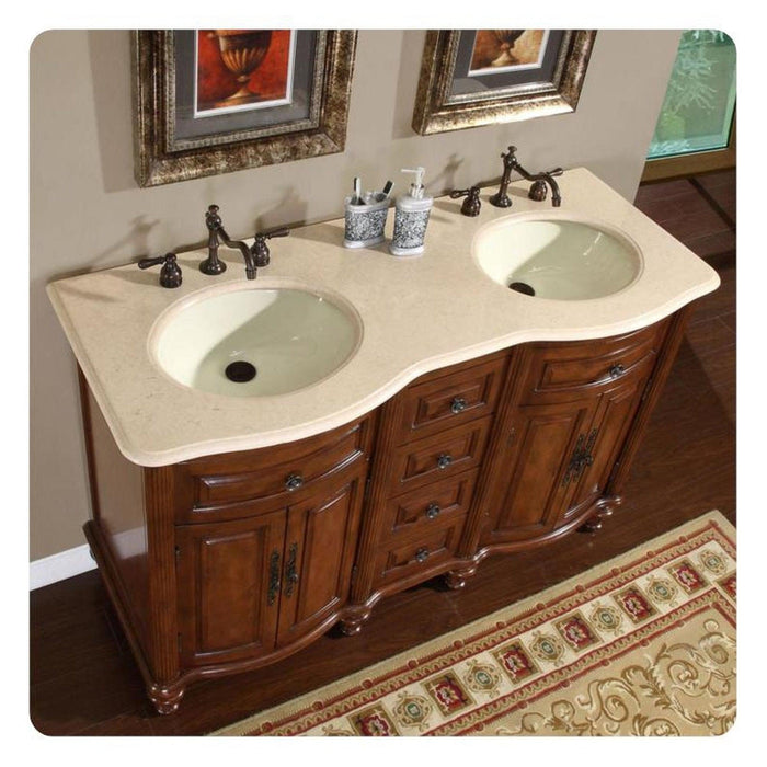 Silkroad Exclusive 55" Double Sink American Chestnut Bathroom Vanity With Crema Marfil Marble Countertop and Ivory Ceramic Undermount Sink