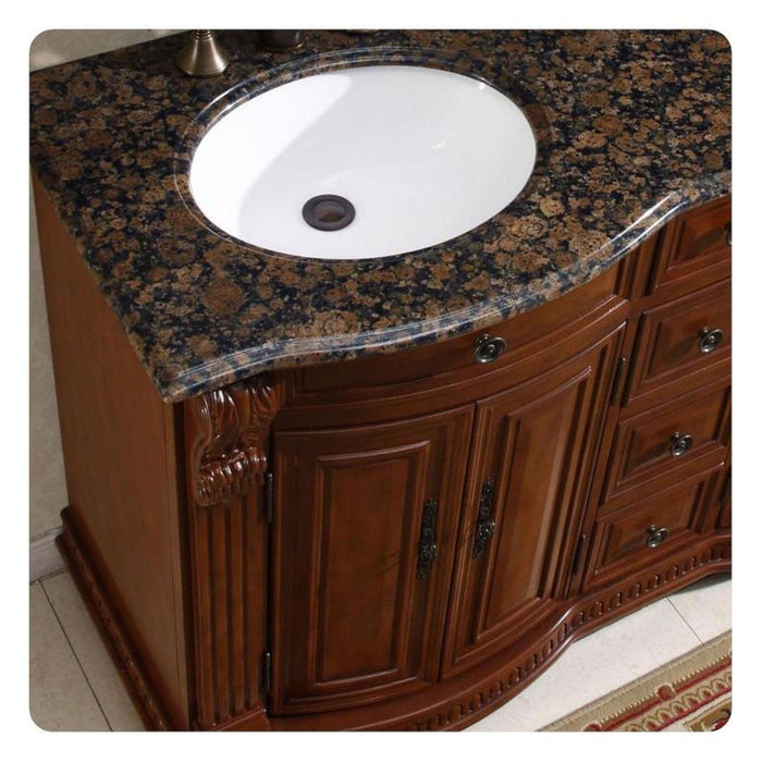 Silkroad Exclusive 55" Double Sink Cherry Bathroom Vanity With Baltic Brown Granite Countertop and White Ceramic Undermount Sink