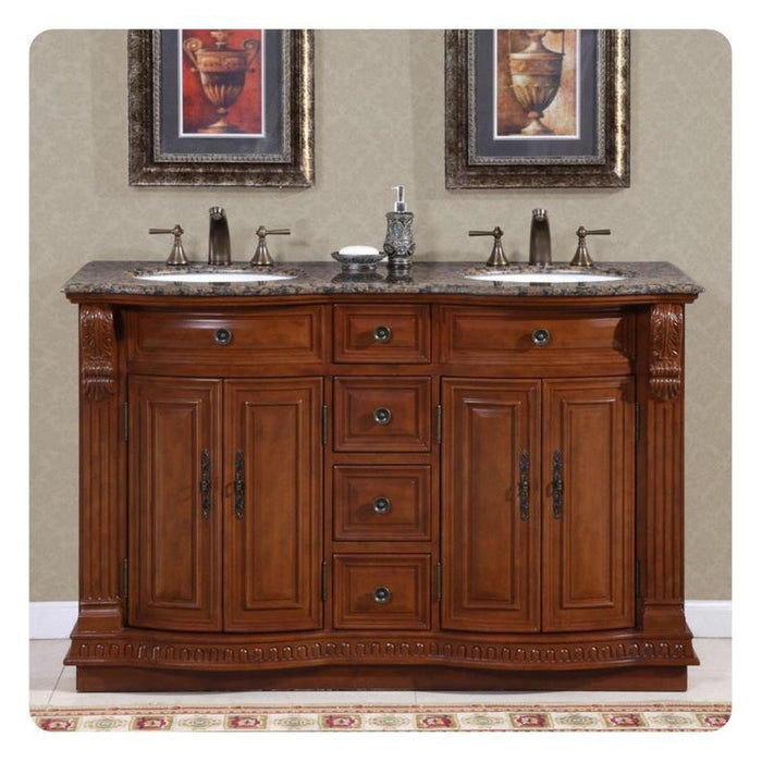 Silkroad Exclusive 55" Double Sink Cherry Bathroom Vanity With Baltic Brown Granite Countertop and White Ceramic Undermount Sink