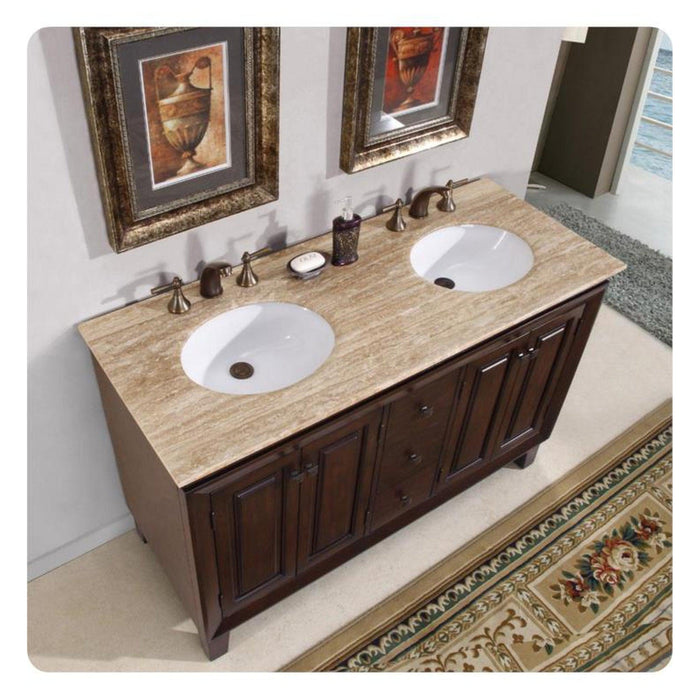 Silkroad Exclusive 55" Double Sink Dark Walnut Bathroom Vanity With Travertine Countertop and White Ceramic Undermount Sink