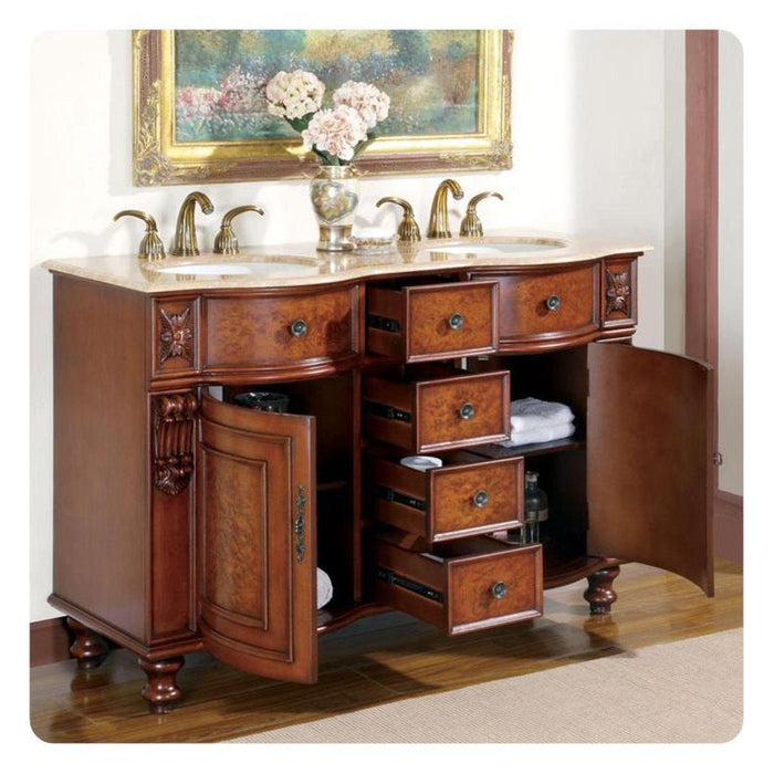 Silkroad Exclusive 55" Double Sink Natural Cherry Bathroom Vanity With Travertine Countertop and Ivory Ceramic Undermount Sink