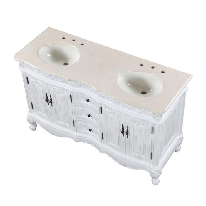 Silkroad Exclusive 58" Double Sink Antique White Bathroom Vanity With Crema Marfil Marble Countertop and Ivory Ceramic Undermount Sink