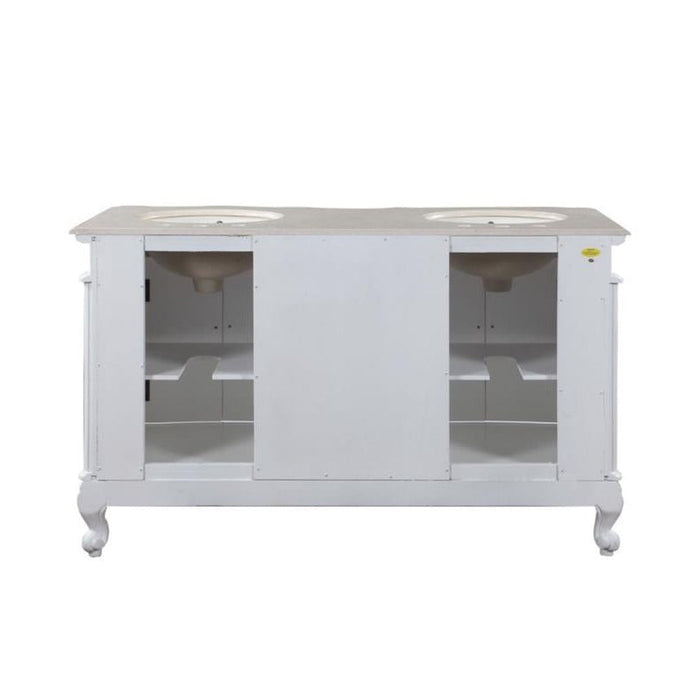 Silkroad Exclusive 58" Double Sink Antique White Bathroom Vanity With Crema Marfil Marble Countertop and Ivory Ceramic Undermount Sink