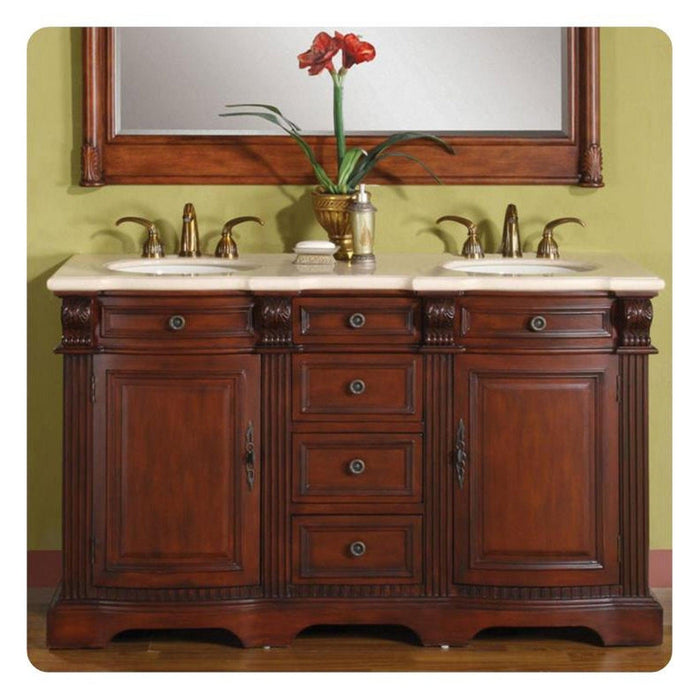 Silkroad Exclusive 58" Double Sink Brazilian Rosewood Bathroom Vanity With Crema Marfil Marble Countertop and White Ceramic Undermount Sink