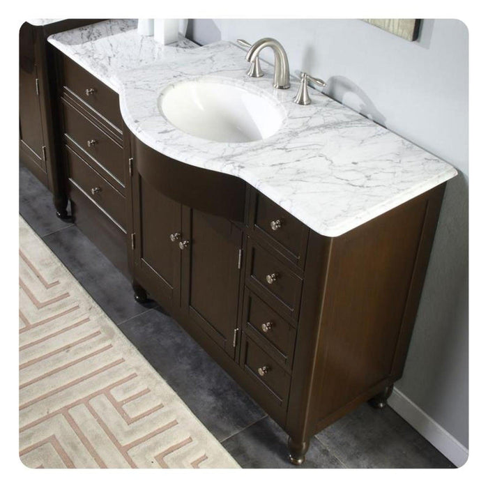 Silkroad Exclusive 58" Single Left Sink Dark Walnut Bathroom Modular Vanity With Carrara White Marble Countertop and White Ceramic Undermount Sink