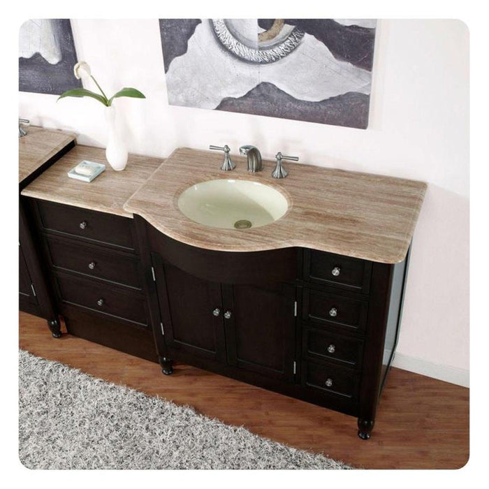 Silkroad Exclusive 58" Single Left Sink Dark Walnut Bathroom Modular Vanity With Travertine Countertop and Ivory Ceramic Undermount Sink