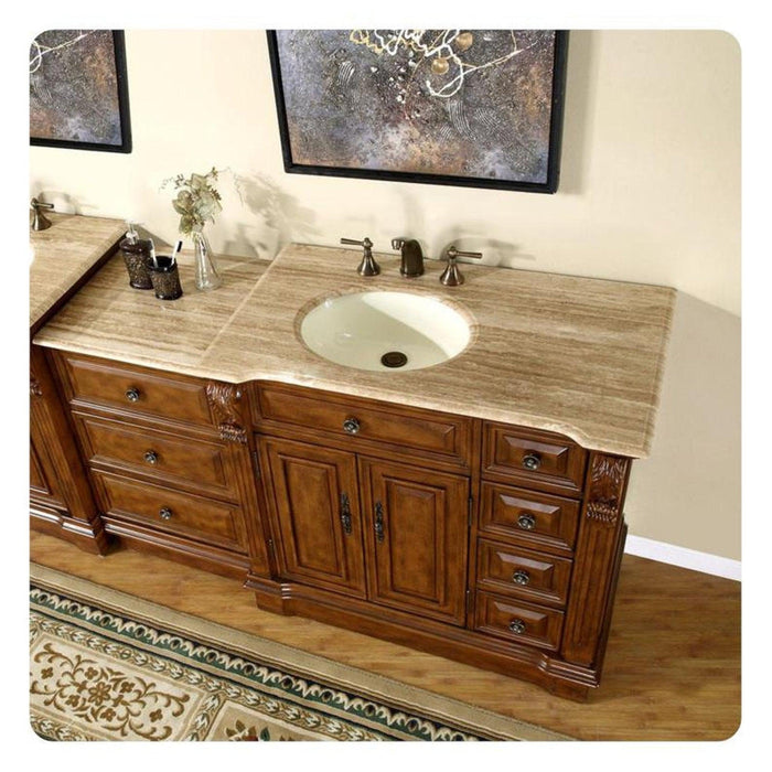 Silkroad Exclusive 58" Single Left Sink Walnut Modular Bathroom Vanity With Travertine Countertop and Ivory Ceramic Undermount Sink