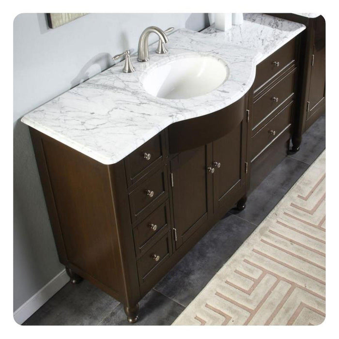 Silkroad Exclusive 58" Single Right Sink Dark Walnut Bathroom Modular Vanity With Carrara White Marble Countertop and White Ceramic Undermount Sink