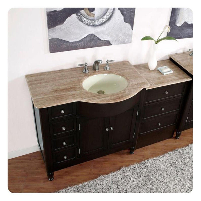 Silkroad Exclusive 58" Single Right Sink Dark Walnut Bathroom Modular Vanity With Travertine Countertop and Ivory Ceramic Undermount Sink