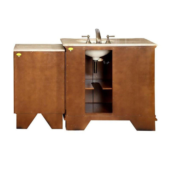 Silkroad Exclusive 58" Single Right Sink Walnut Modular Bathroom Vanity With Travertine Countertop and Ivory Ceramic Undermount Sink