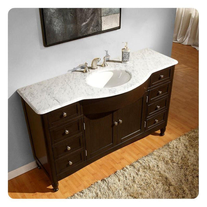 Silkroad Exclusive 58" Single Sink Dark Walnut Bathroom Vanity With Carrara White Marble Countertop and White Ceramic Undermount Sink