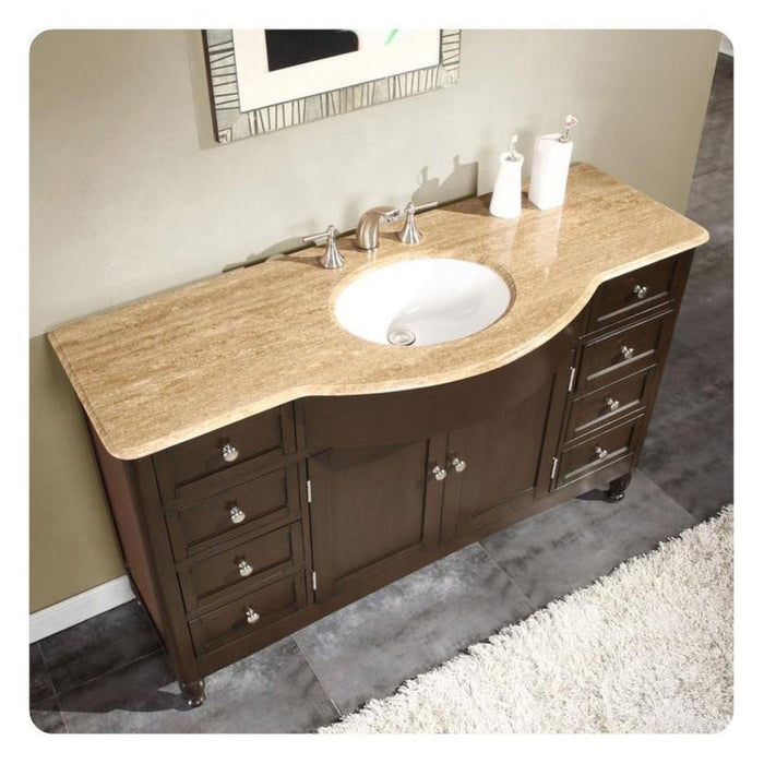 Silkroad Exclusive 58" Single Sink Dark Walnut Bathroom Vanity With Travertine Countertop and White Ceramic Undermount Sink