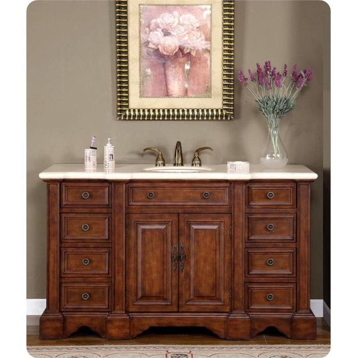 Silkroad Exclusive 59" Single Sink English Chestnut Bathroom Vanity With Crema Marfil Marble Countertop and White Ceramic Undermount Sink