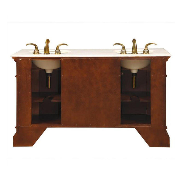 Silkroad Exclusive 60" Double Sink English Chestnut Bathroom Vanity With Crema Marfil Marble Countertop and Ivory Ceramic Undermount Sink
