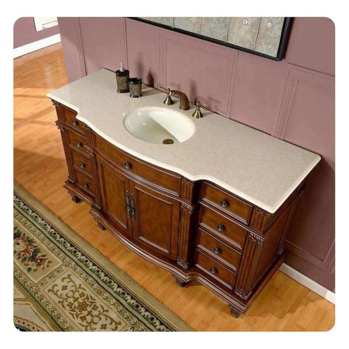 Silkroad Exclusive 60" Single Sink Brazilian Rosewood Bathroom Vanity With Crema Marfil Marble Countertop and White Ceramic Undermount Sink