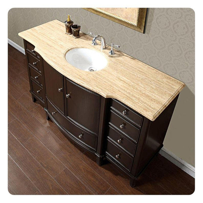 Silkroad Exclusive 60" Single Sink Dark Walnut Bathroom Vanity With Travertine Countertop and White Ceramic Undermount Sink