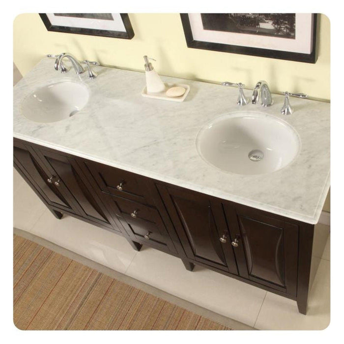 Silkroad Exclusive 68" Double Sink Dark Walnut Bathroom Vanity With Carrara White Marble Countertop and White Ceramic Undermount Sink