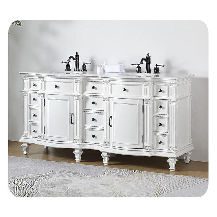 Silkroad Exclusive 72" Double Sink Antique White Bathroom Vanity With Carrara White Marble Countertop and White Ceramic Undermount Sink