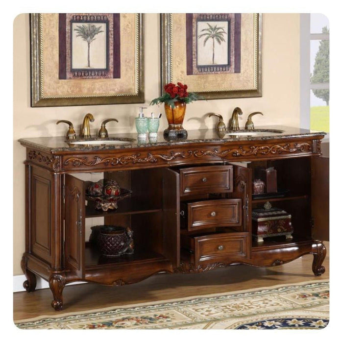 Silkroad Exclusive 72" Double Sink English Chestnut Bathroom Vanity With Baltic Brown Granite Countertop and Ivory Ceramic Undermount Sink