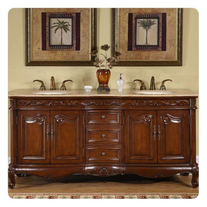 Silkroad Exclusive 72" Double Sink English Chestnut Bathroom Vanity With Travertine Countertop and Ivory Ceramic Undermount Sink